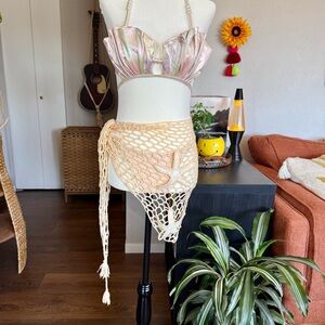 Iridescent Shell Bikini Top with Cream Crochet Sarong Tie